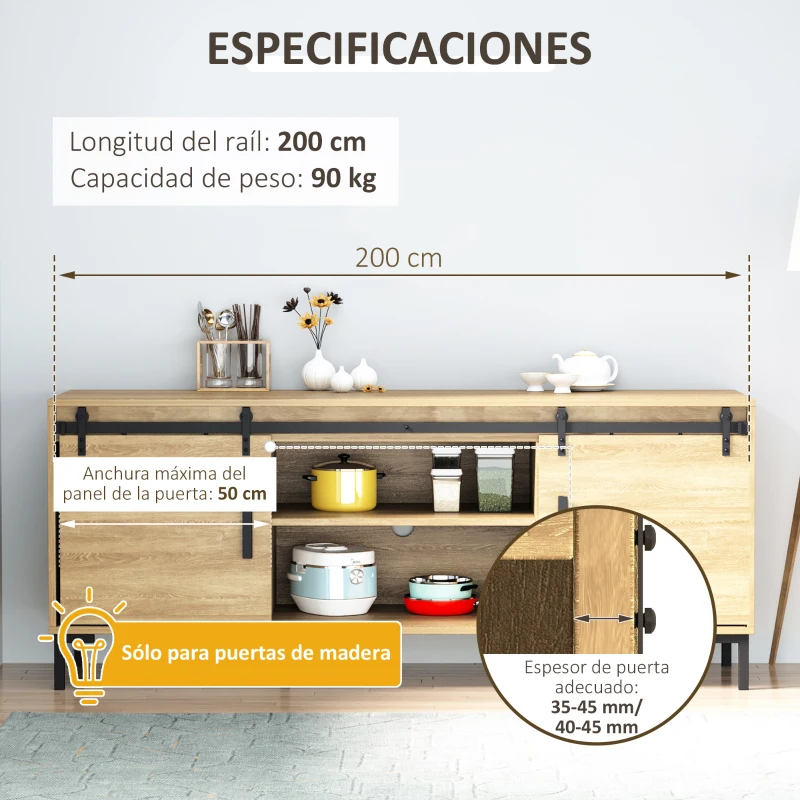 HOMCOM Herrajes Puertas Correderas 183 cm para Puerta Corredera Doble de Madera Ancho 45 cm Mueble de TV Armario Negro