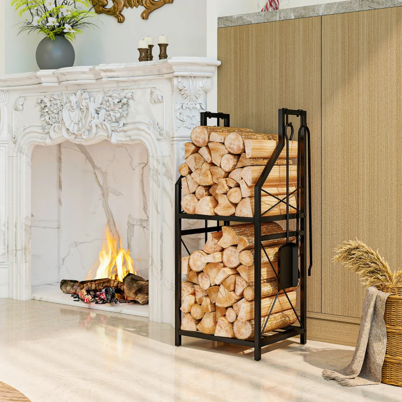 Outsunny Portalegna in Metallo a 2 Livelli con 4 Ganci per Attrezzi 34x30x80 cm Nero