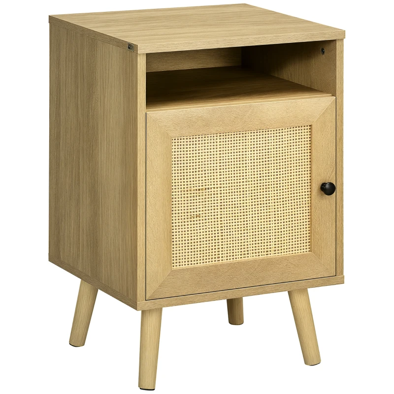 HOMCOM Noptieră cu Ușă de Ratan Masă Auxiliară pentru Dormitor Sufragerie Pat 39x35x60 cm Lemn Natural