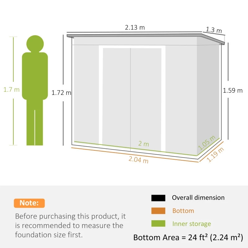 Outsunny Tuinschuur met Ventilatieraampjes, Schuifdeuren, van Gegalvaniseerd Staal, 213 x 130 x 159 cm, Groen