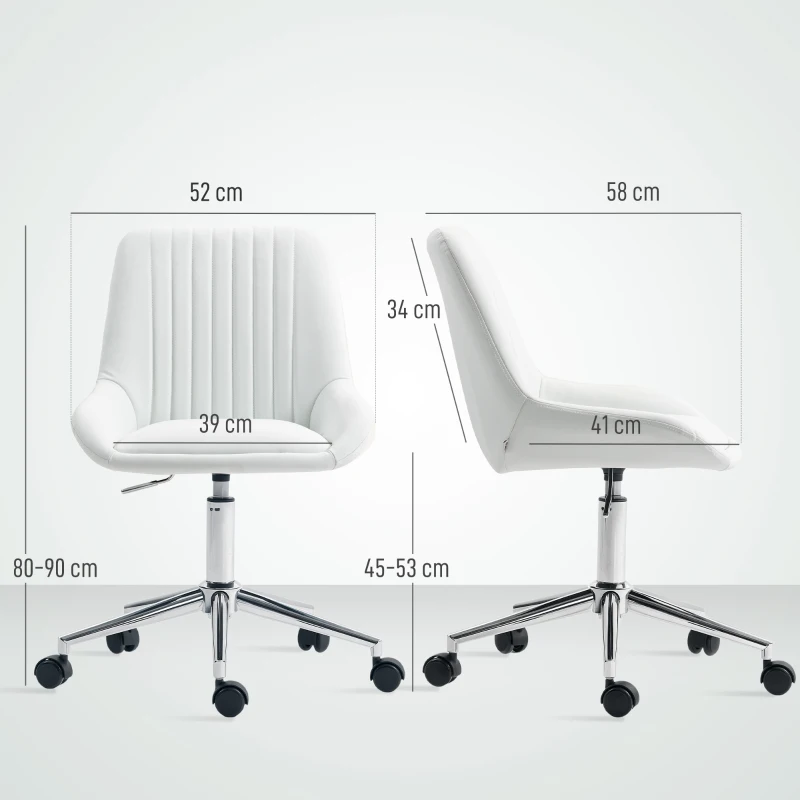 HOMCOM Fauteuil de bureau sans accoudoirs, chaise de bureau avec hauteur réglable, 52x58x80-90cm, blanc(m-3)