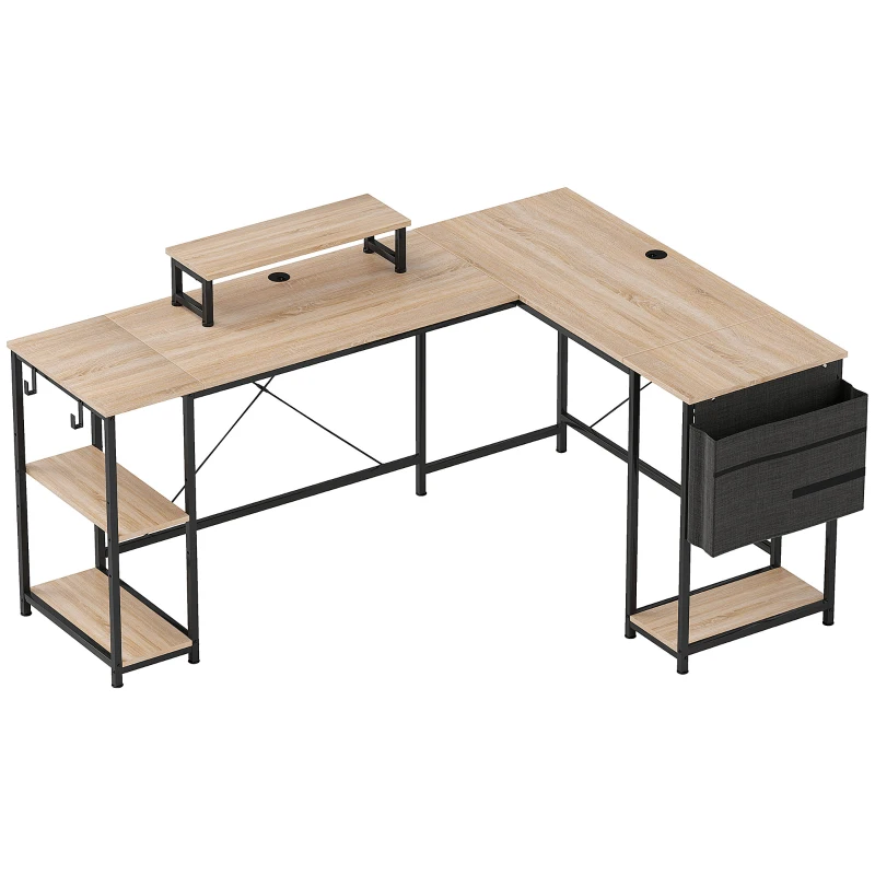 HOMCOM Secretária de Canto Modular Reversível 168-240 cm Estilo Industrial Prateleira Ajustável Saco de Arrumação Suporte de Monitor