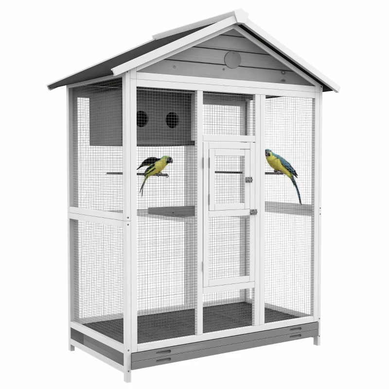 PawHut Grande cage oiseau volière à oiseaux intérieur exterieur, 4 perchoirs bac à litière coulissant 112 x 68 x 154 cm gris(m-10)
