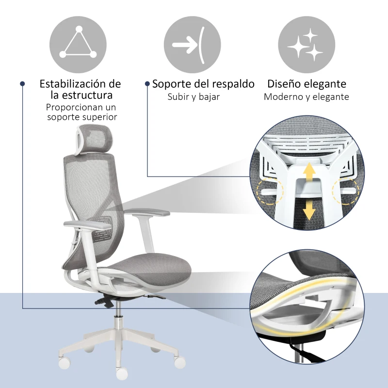 Vinsetto Cadeira de Escritório Giratória com Altura Ajustável Apoio para os Braços Apoio para a Cabeça e Suporte Lombar Reguláveis Encosto Alto 67x65x120-128cm Cinza
