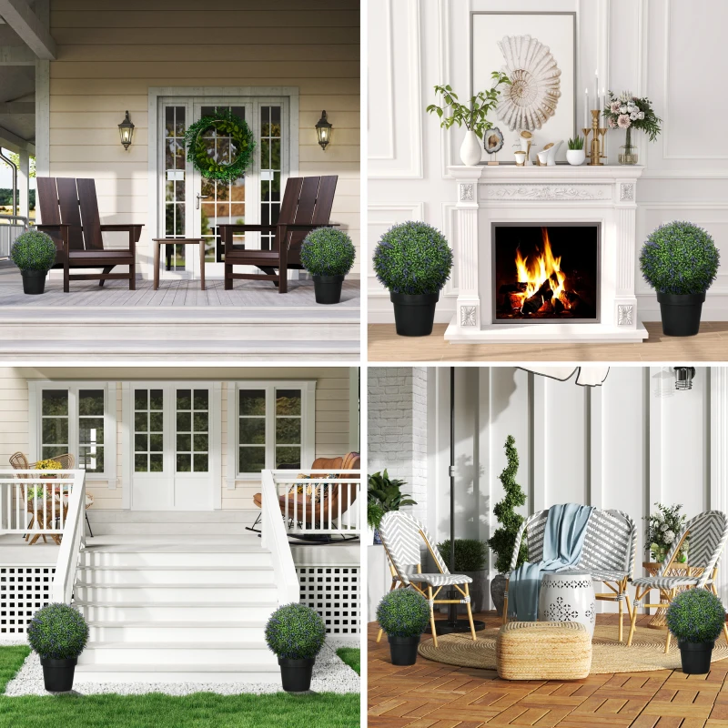 HOMCOM Conjunto de 2 Bolas de Topiária Artificial Plantas Decorativas Falsas Resistentes Aos Raios UV Ø 42 cm Violeta e Verde
