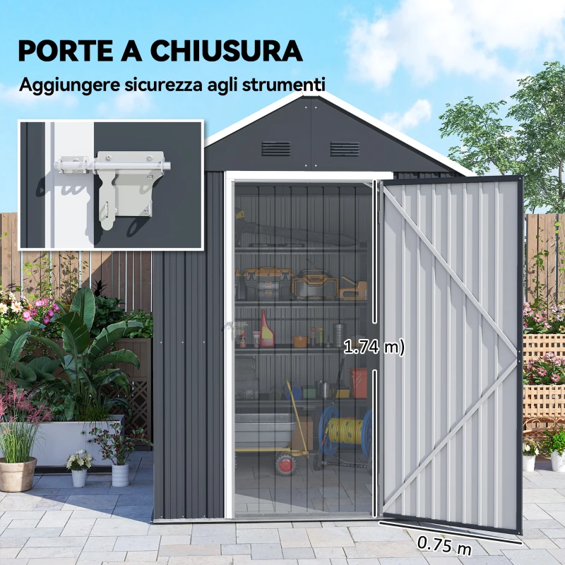 Outsunny Casetta da Giardino Porta Attrezzi in Acciaio Zincato e PP con Finestra, 259x172x222 cm, Grigia e Bianca