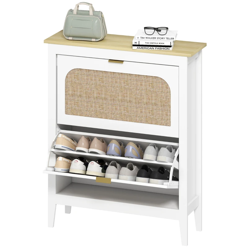 HOMCOM Meuble à chaussures 14 paires bohème avec 2 tiroirs rabattables, portes effet cannage rotin, 80 x 24 x 95,5 cm, blanc