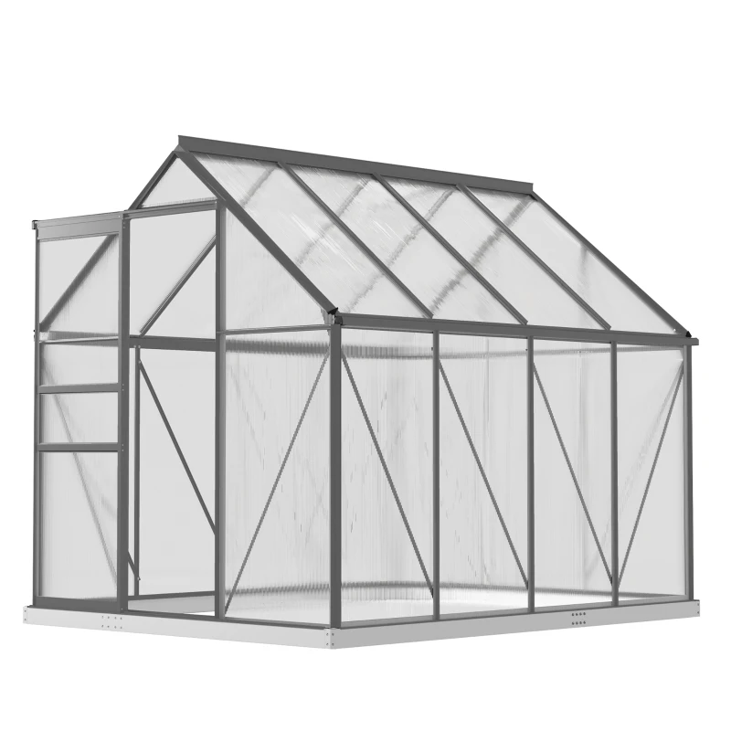 Outsunny Serre de jardin en polycarbonate 4,8 m²avec fondation, lucarne réglable, porte coulissante 1,9x2,53x1,99m transparent