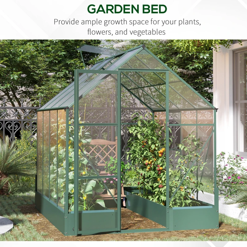 Outsunny Garden Walk-in Polycarbonate Greenhouse with Raised Garden Bed, Temperature Controlled Window, Aluminium Frame & Foundation, 6 x 8ft