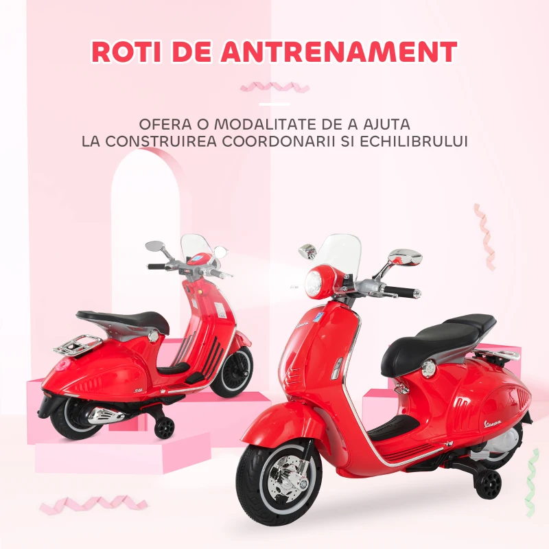 HOMCOM Motocicletă Electrică pentru Copii 3+ Ani, Motocicletă Jucărie din PP și Oțel cu 2 Roți Suplimentare, 108x49x75 cm, Roșie