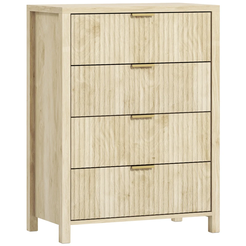 HOMCOM Cómoda con 4 Cajones Scanalados y Manijas Doradas, 70x38x93 cm, Madera Natural