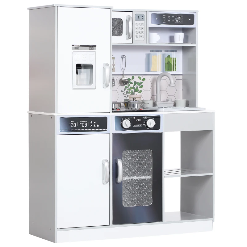 AIYAPLAY Set de bucatarie de joaca cu cratite din inox, Plita, Chiuveta cu sistem de apa, Functii de lumina si sunet, Alb