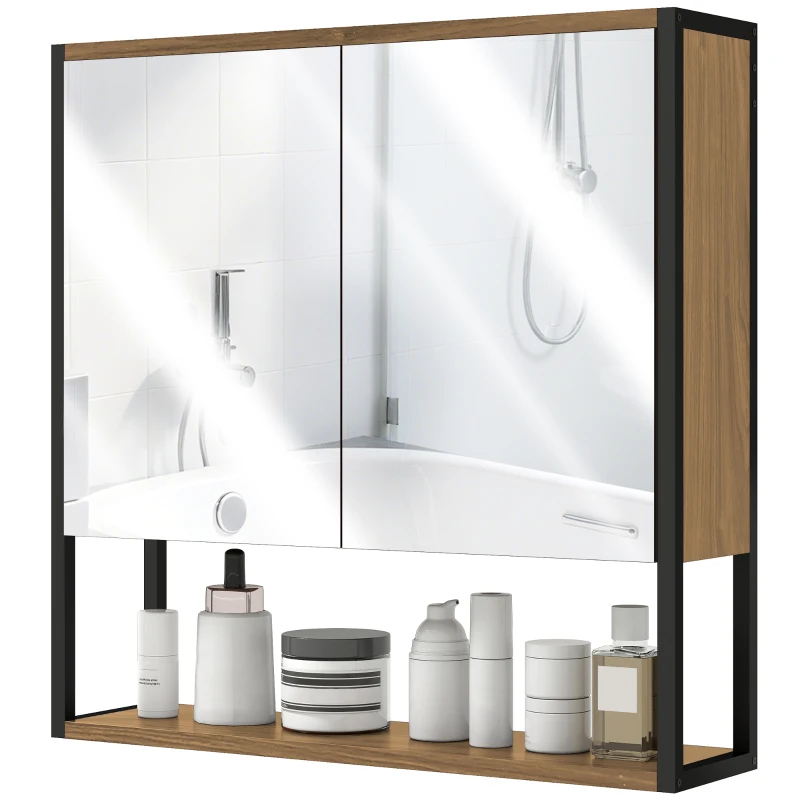 HOMCOM Bathroom Mirror Cabinet with Soft-Close Doors and Adjustable Shelf - Natural Wood Finish