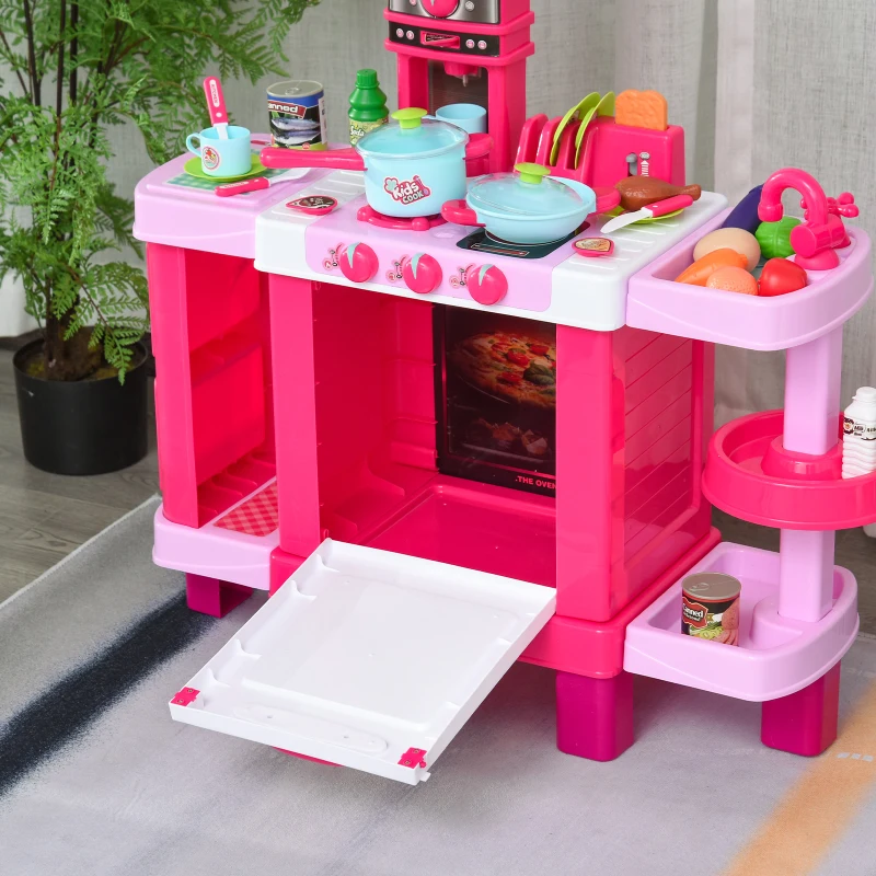 HOMCOM Cuisine pour Enfant Recettes Jeu d'imitation 38 Accessoires Inclus Sons et lumières polypropylène Rose(m-11)