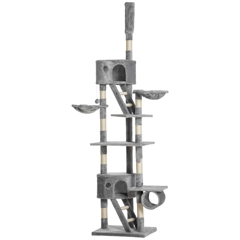PawHut Árbol para Gatos de Suelo a Techo de 240-260 cm con Altura Ajustable Múltiples Plataformas Cuevas Cestos y Rampas Gris