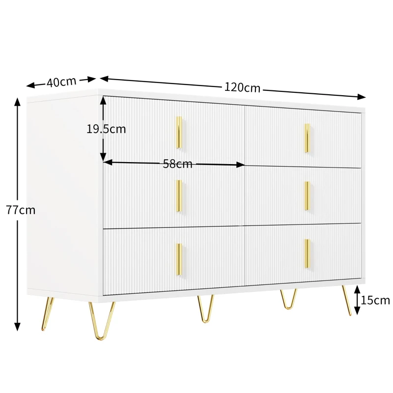 Credenza con 6 cassetti, maniglie e gambe dorate, texture ondulata, 120x40x77 cm, Bianco e Oro