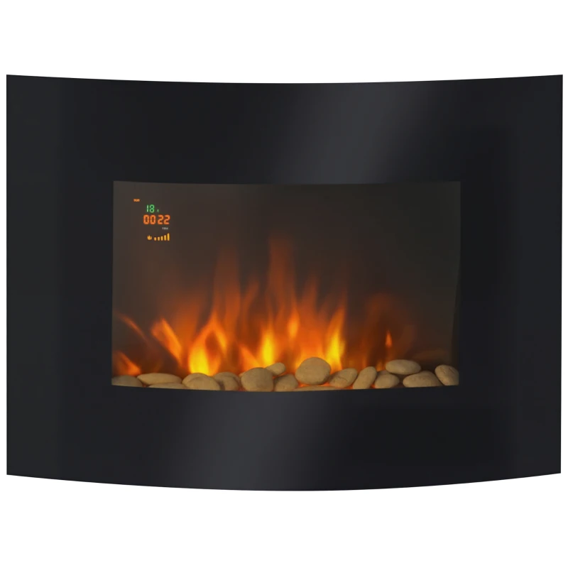 HOMCOM Camino Elettrico da Parete con 2 Livelli di Riscaldamento 900-1800W, Fiamma 7 Colori Regolabili e Telecomando, Nero