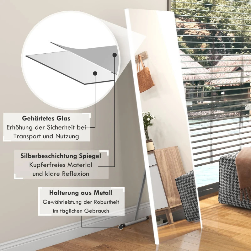 HOMCOM Großer Spiegel Wandspiegel Standspiegel Ganzkörperspiegel, 50 cm x 2,9 cm x 150 cm, Weiß