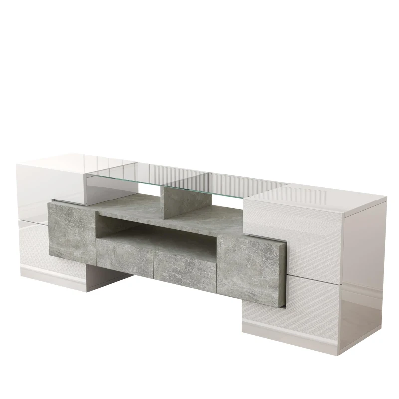 Meuble TV avec éclairage LED, surfaces en verre, avec 6 portes, 2 tiroirs et 3 compartiments, 145x30x51 cm, Blanc