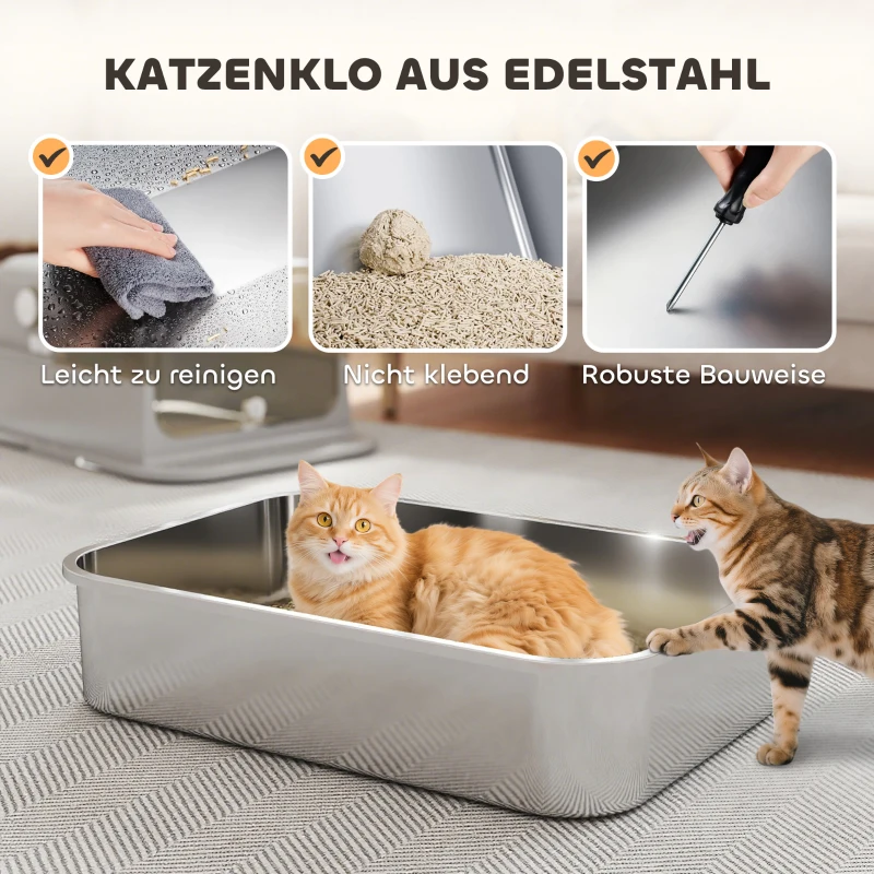 PawHut XXL RVS-kattenbak met opklapbaar deksel, kattenbak met schep, voor grote katten tot 20 kg, gemakkelijk schoon te maken, geurneutraliserend, Grijs(m-4)