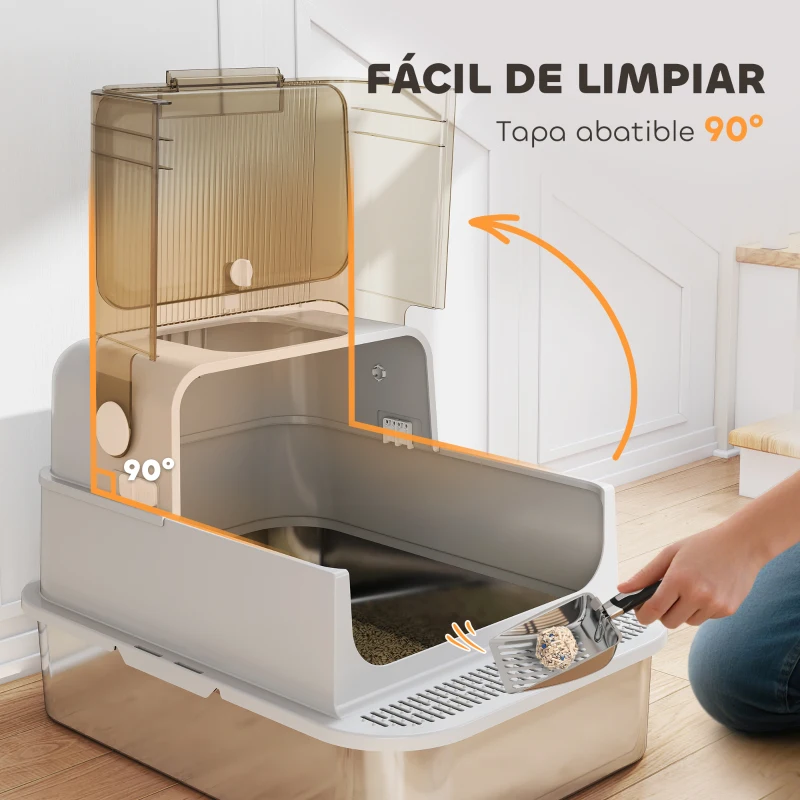 PawHut Arenero para Gatos de Acero Inoxidable XXL con Tapa Abatible Laterales Altos Entrada Superior Pala Gris