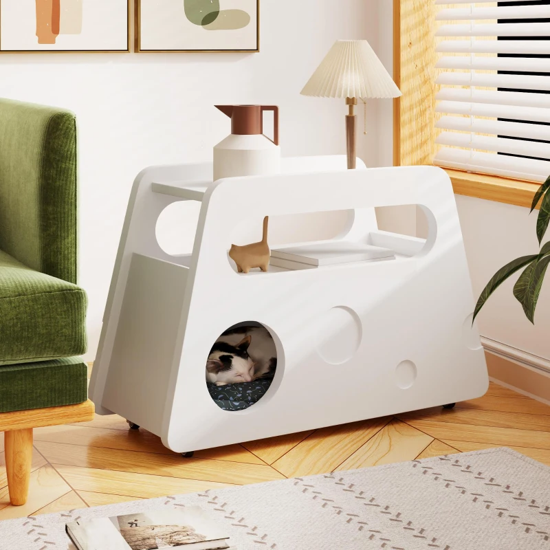 Tavolino con ruote, angoli arrotondati, mobile salvaspazio per soggiorno e camera da letto, 81x33x51,5 cm, Bianco