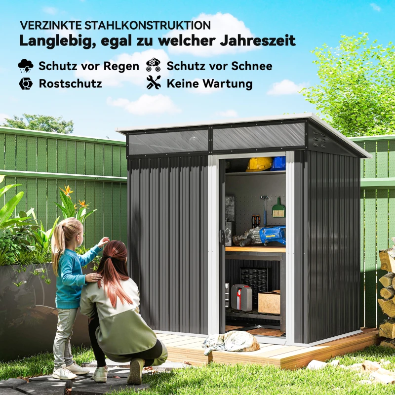 Outsunny Gartenschuppen, Geräteschuppen mit Fenstern, Lüftungsöffnungen, Schiebetür, wasserdichter Stahl, wetterfest, Dunkelgrau(m-4)