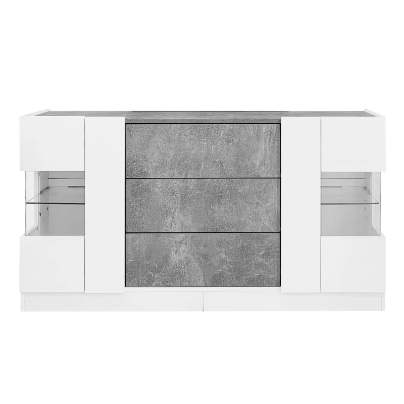 Buffet avec éclairage LED, tiroirs, façades brillantes et aspect marbre, 140x35x75 cm, Blanc+Gris