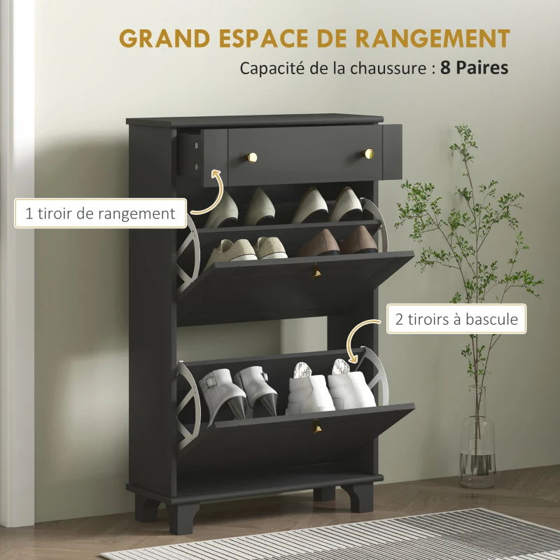 HOMCOM Meuble chaussure entrée étroit avec tiroirs à portes abattants et étagère réglable, 60 x 23,5 x 98,5 cm, noir(m-4)