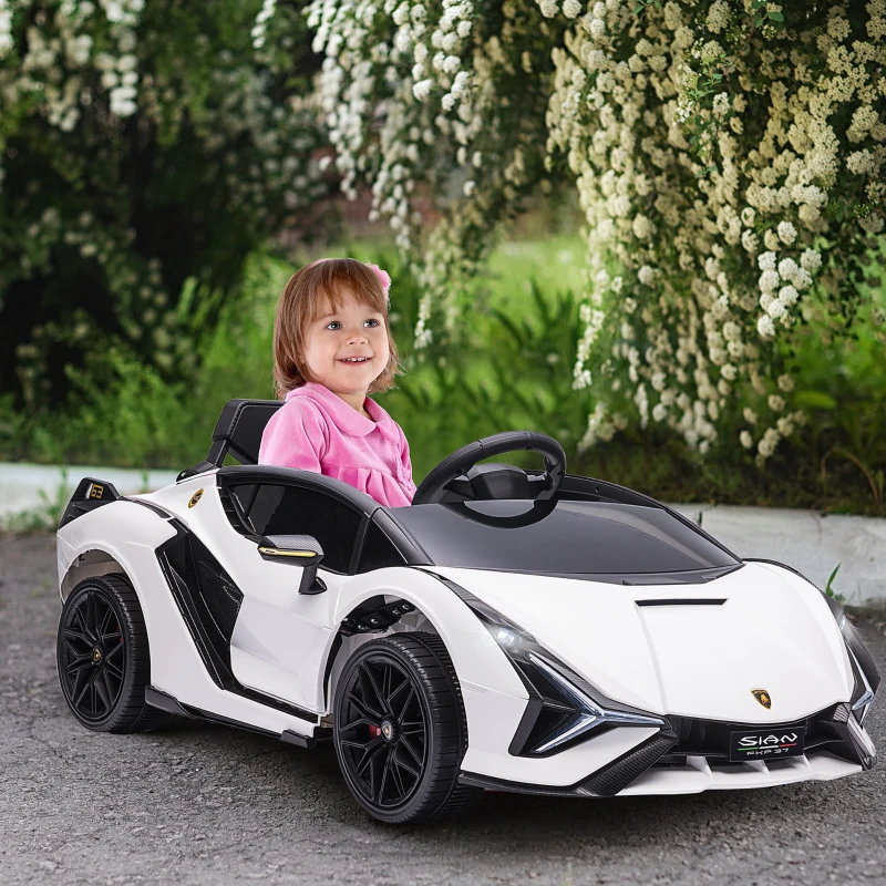 HOMCOM Voiture électrique Enfants de Sport Supercar sous Licence Lamborghini Sian 12 V - V. Max. 5 Km/h avec Télécommande 2,4G Effets sonores + Lumineux Blanc(m-9)