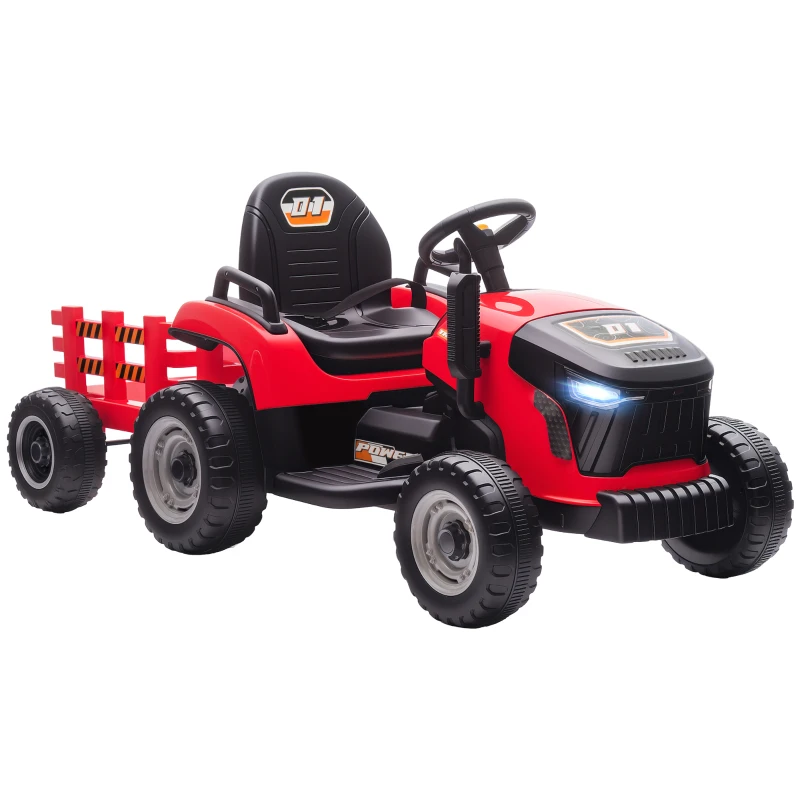 AIYAPLAY Tractor Eléctrico para Niños con Remolque Desmontable Batería 12V Velocidad 3-5 km/h, Control Remoto 2,4G Rojo