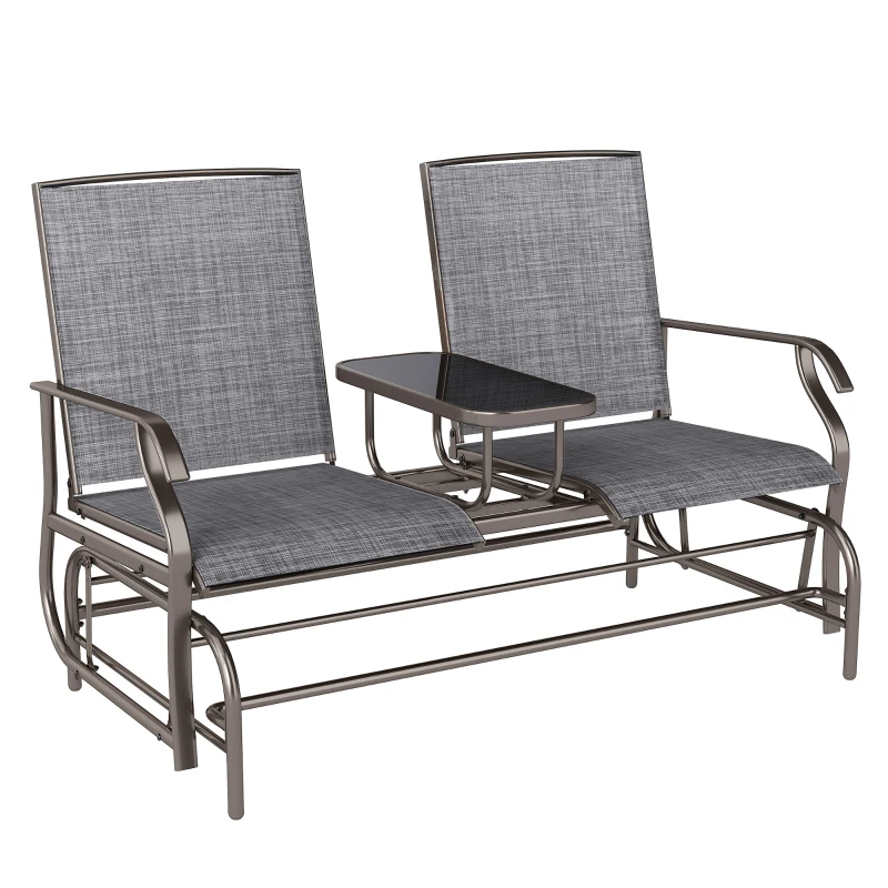 Outsunny 2 Seats Garden Glider Bench, Metal Frame Loveseat with Glass Top  Centre Table, Porch Rocking Glider for 2 Person, for Deck, Patio, Brown/ Grey