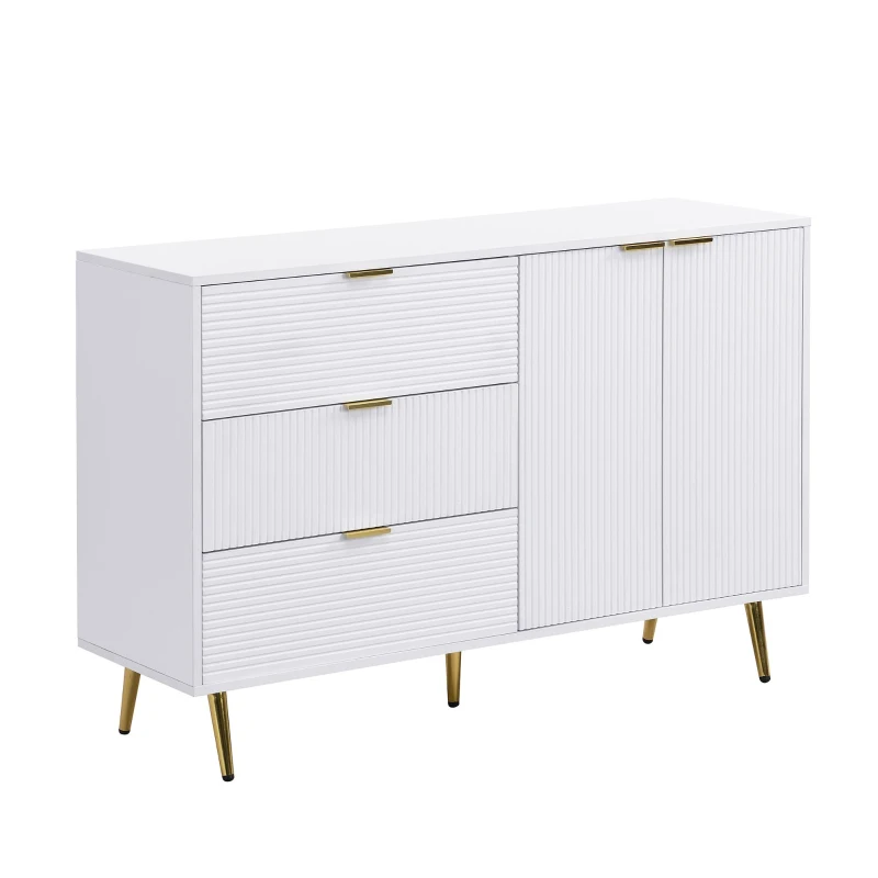 Credenza con ante e ripiani interni, cassetti, maniglie e gambe dorate, 120x38x80,5 cm, Bianco