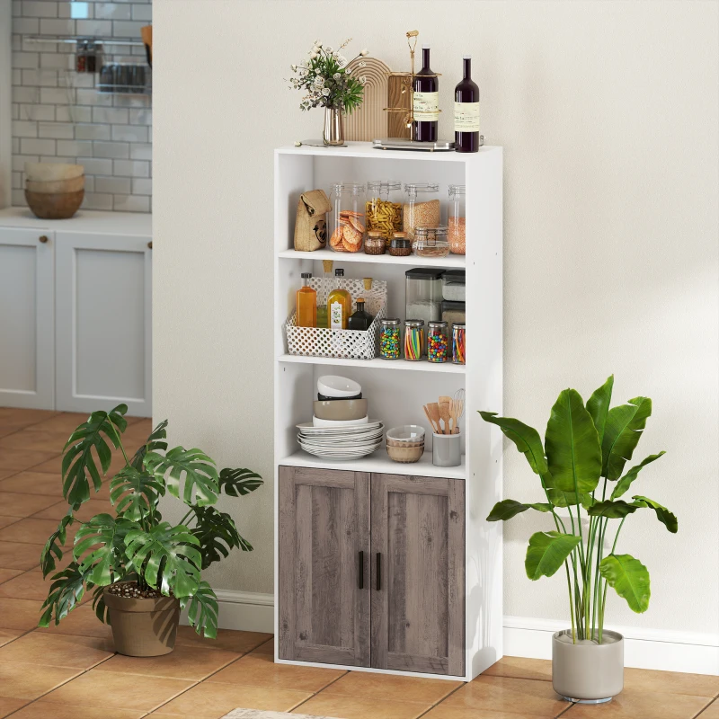 HOMCOM Bücherregal Schmal Bücherregal mit Türen Offene Regale und Schrank 60x30x149,5 cm Weiß und Braun