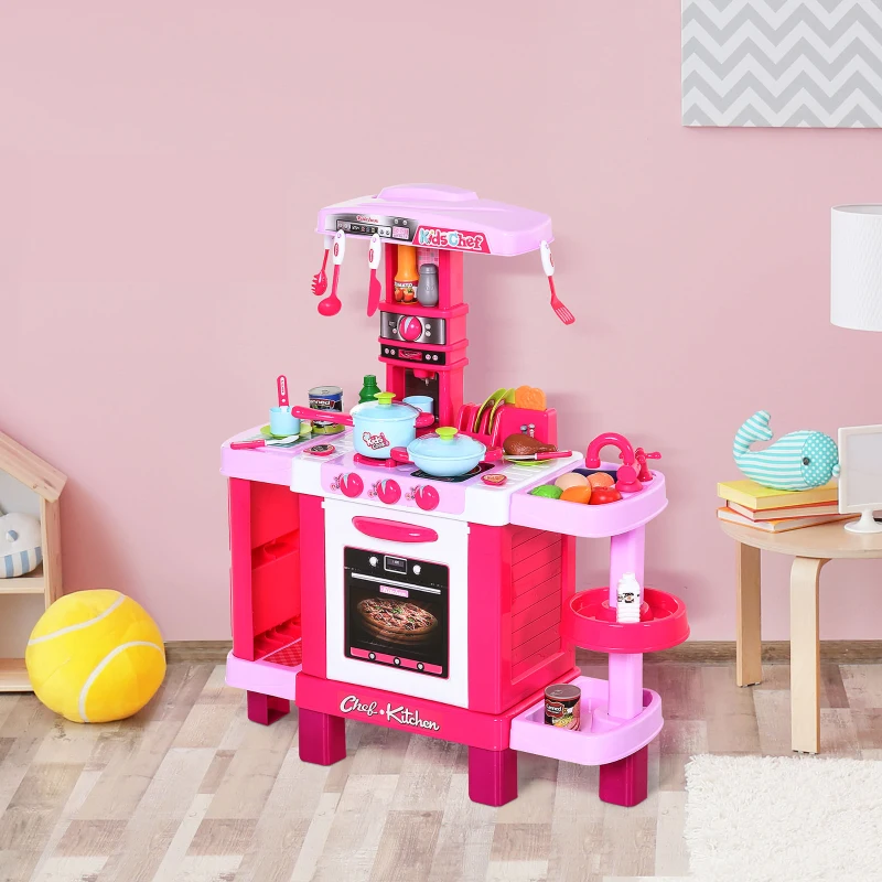 HOMCOM Cuisine pour Enfant Recettes Jeu d'imitation 38 Accessoires Inclus Sons et lumières polypropylène Rose(m-10)