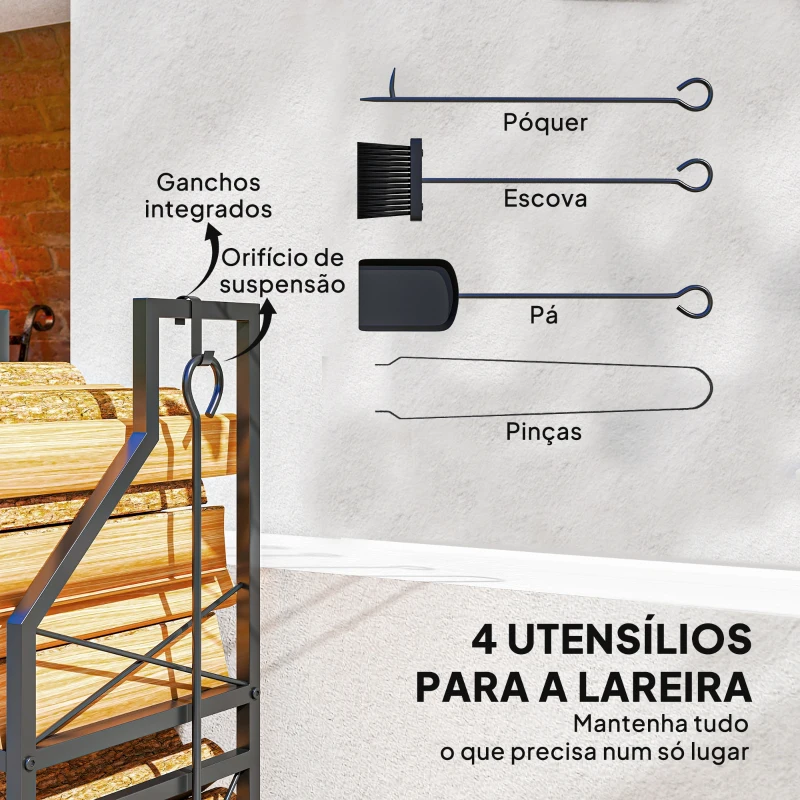 Outsunny Suporte Metálico para Lenha 2 Níveis com 4 Ferramentas Ganchos e Base Elevada para Interior e Exterior 34x30x80 cm Preto