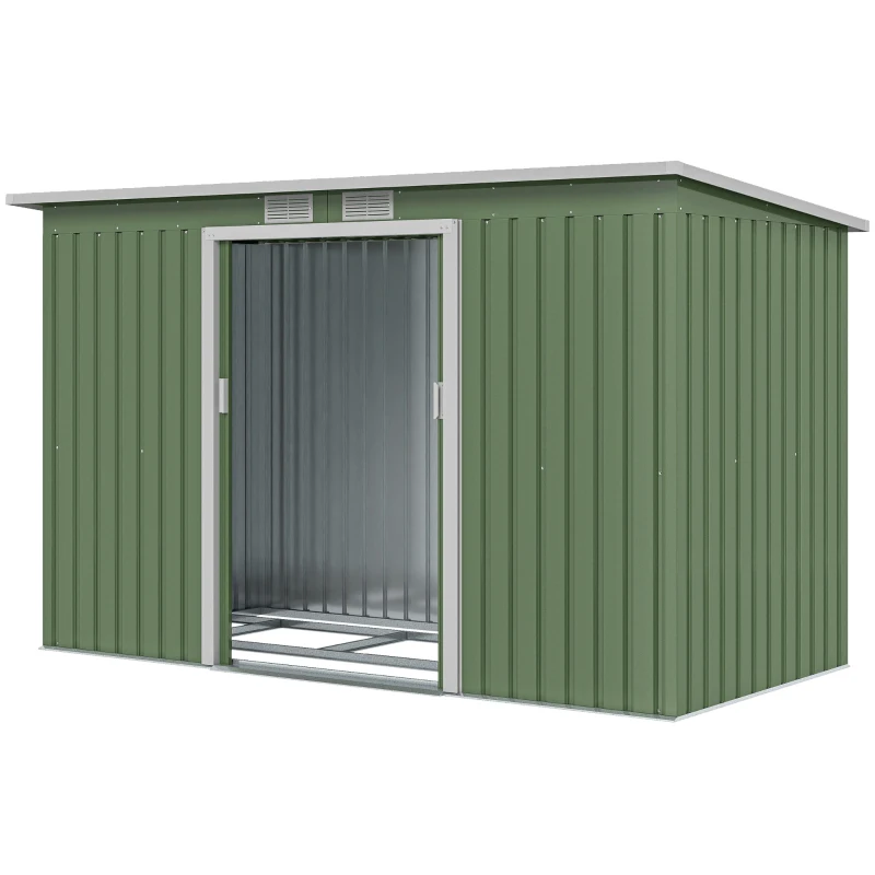 Outsunny Caseta de Exterior 280x130x172 cm Cobertizo de Jardín con Puertas Correderas Base y Ventilaciones Verde Claro