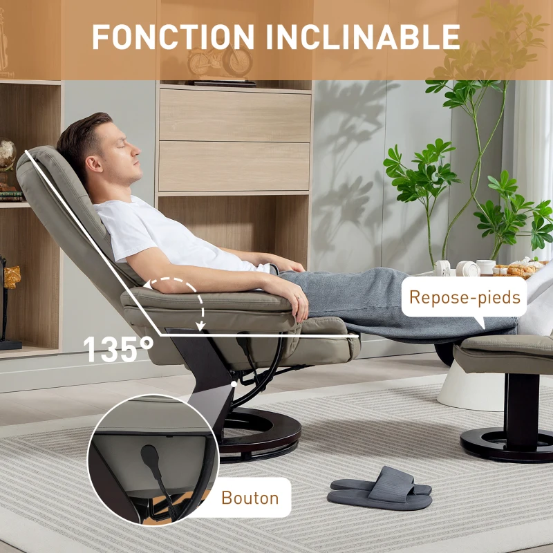 HOMCOM Fauteuil relax inclinable 135° grand confort pivotant 360° avec repose-pieds revêtement synthétique marron(m-4)