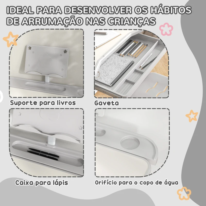 ZONEKIZ Conjunto de Secretária e Cadeira para Crianças com Altura Ajustável e Ângulo da Mesa Ajustável 80x49,5x82-104 cm Cinza e Branco