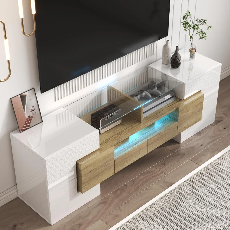 Mobile TV con illuminazione LED, superfici in vetro, con 6 ante, 2 cassetti e 3 scomparti, 145x30x51 cm, Bianco e Legno naturale