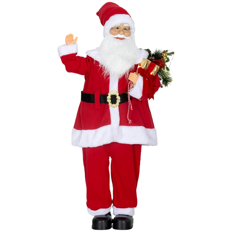 HOMCOM Weihnachtsmannfigur, stehender Weihnachtsmann, sprachgesteuert, glitzernde LED-Lichter, flexible Arme, 120 cm, Rot