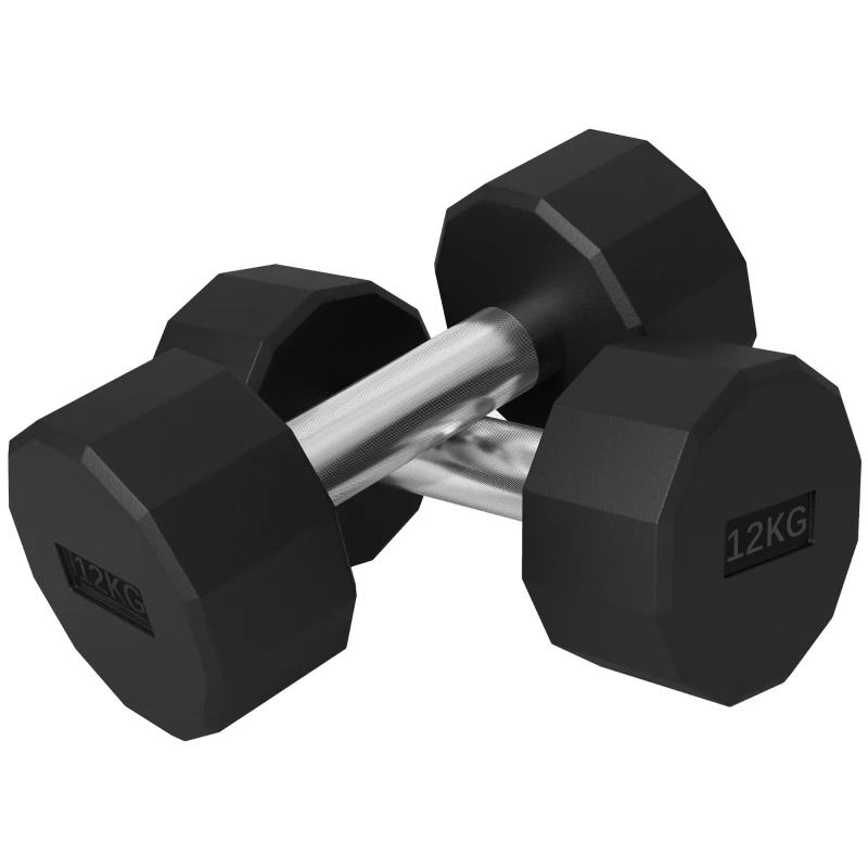 SPORTNOW Set 2 Manubri a 12 Lati da 12 kg in Metallo e Gomma con Impugnatura Antiscivolo, 26x14x14 cm, Nero