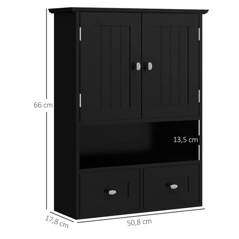 kleankin Wandmontierter Badezimmerschrank Hängeschrank Wandmontierter Badezimmerschrank mit 2 Türen und 2 Schubladen 50,8x17,8x66 cm Schwarz