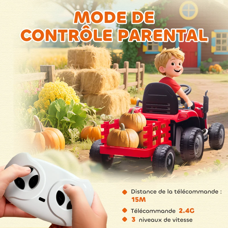AIYAPLAY Tracteur électrique enfants avec remorque amovible, voiture électrique enfants, télécommande 2,4G, 139x58x55cm, rouge