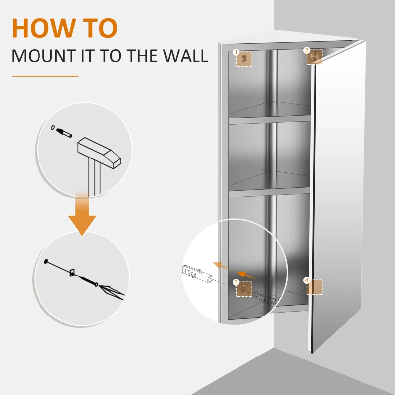 HOMCOM Wall Mounted Corner Bathroom Mirror, Stainless Steel Mirror Cabinet with 3-tier Shelves, Single Door(m-7)