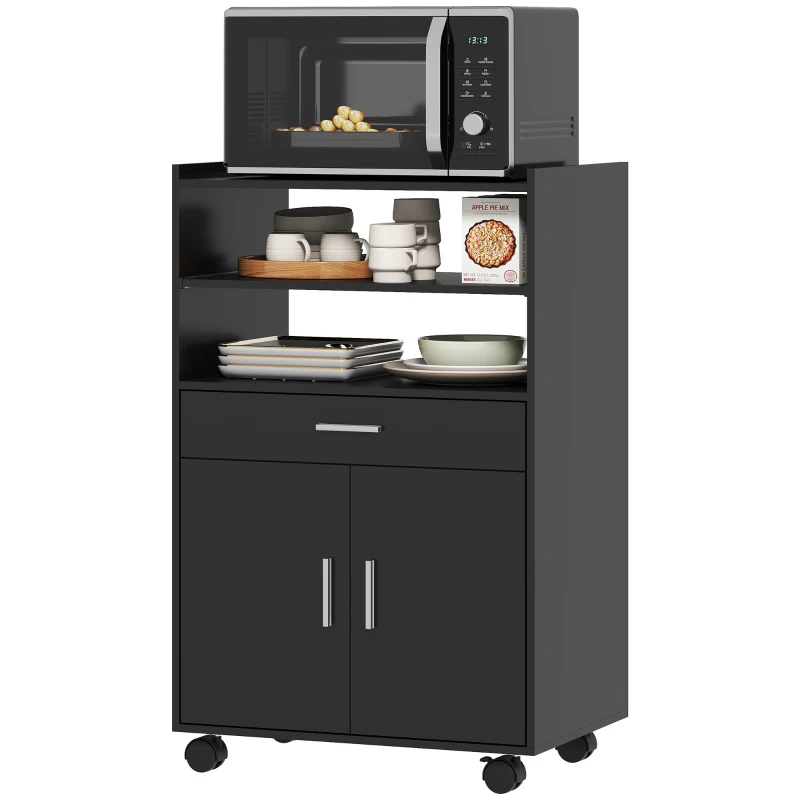 HOMCOM Meuble Micro-ondes en Bois avec Tiroir, Placard à 2 Portes et 2 Étagères, 59x40x92 cm, Noir