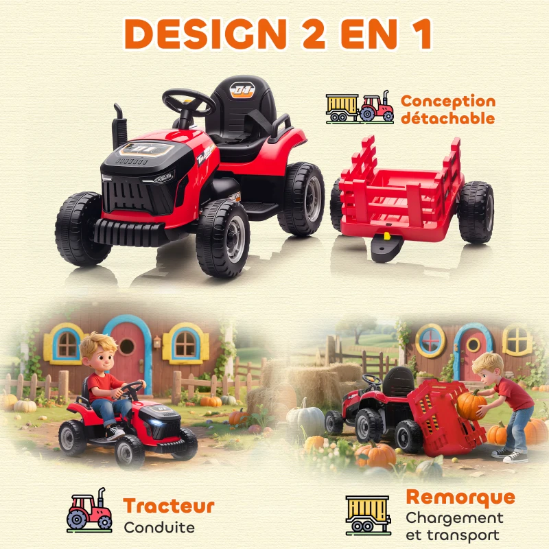 AIYAPLAY Tracteur électrique enfants avec remorque amovible, voiture électrique enfants, télécommande 2,4G, 139x58x55cm, rouge