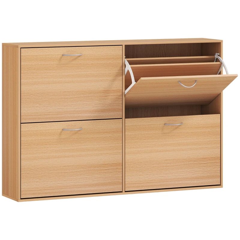 HOMCOM Scarpiera Ingresso Salvaspazio Slim con 4 Ante a Ribalte, Mobile Scarpiera Moderna per 24 Paia di Scarpe con Ripiani Regolabili, Portascarpe in Legno, 120x24x81cm, Color Legno