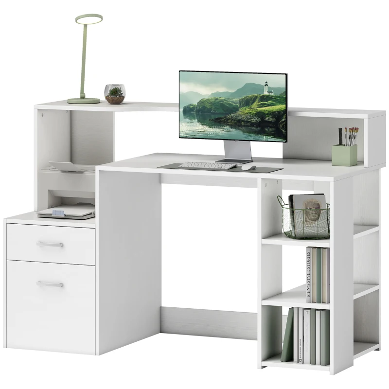 HOMCOM Bureau informatique, bureau avec rangement, 2 tiroirs, étagères ouvertes et tablette d'imprimante, 137x55x92cm, blanc