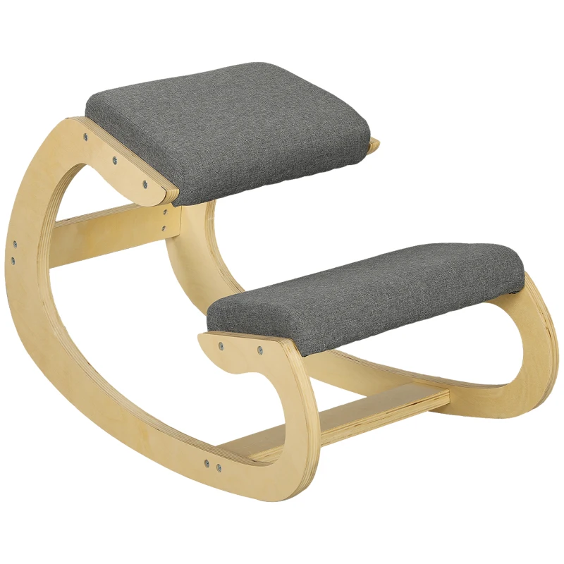 HOMCOM Silla Ergonómica de Rodillas Silla de Rodillas de Madera Taburete Ergonómico Cojín Acolchado 55x85x55 cm Gris